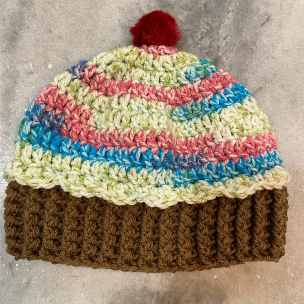 Handmade Crochet Rainbow Vanilla Cupcake Beanie Winter Hat Cozy Comfy Warm